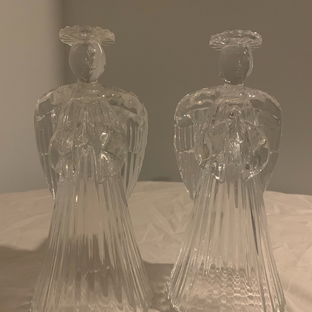 Two Lead Crystal Praying Angel Candle Holders